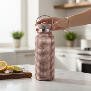 TOMO Blush Pink Luxury Embellished Crystal Water Bottle 750ml Canteen Pool Side‎